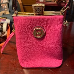 Pink purse with strap and faux diamonds/ crystal clasp